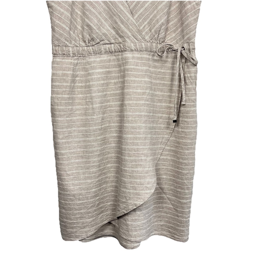 Kyodon Linen Blend Faux Wrap Mini Dress‎ Beige Striped Medium Boho Beach Casual - Picture 4 of 11